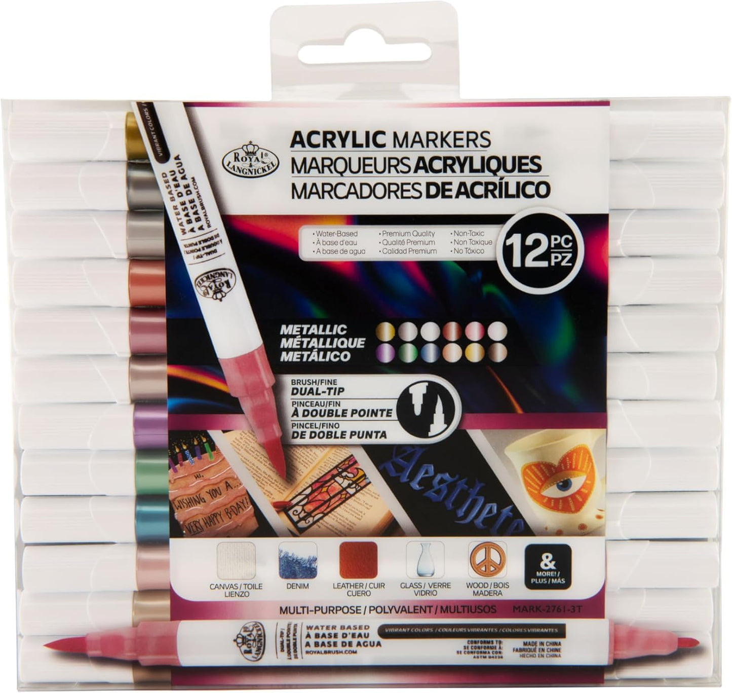 12PC ACRYLIC METALLIC MARKERS- 1MM FINELINER/BURSHBrush