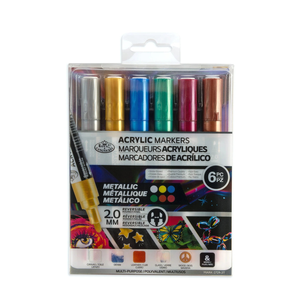 6PC ACRLYIC 2MM REVERSIBLE TIP METALLIC MARKERS