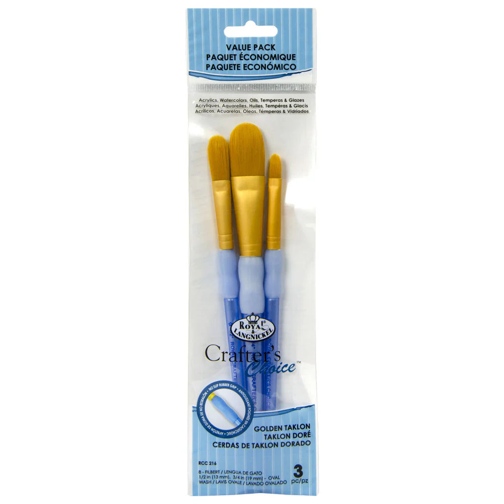RCC216- 3PC FILBERT/ OVAL WASH GOLDEN TAKLON BRUSH SET- CRAFTER'S CHOICE